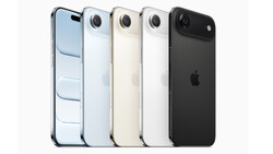 Five smartphones arranged in a row, displayed in blue, white, beige, white, and black finishes with single rear cameras.