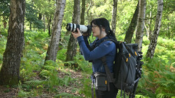 Photographer with telephoto lens and backpack in forest setting.