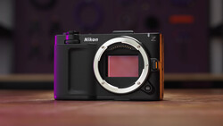 Nikon Z mirrorless camera body with exposed sensor displayed against blurred studio background.