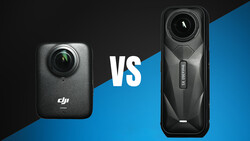 Comparison graphic of two compact camera devices positioned side by side against contrasting dark and blue backgrounds.
