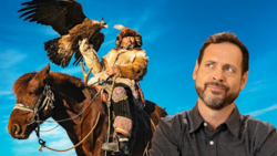 Man in dark shirt positioned beside composite image of falconer on horseback with eagle in flight against blue sky.