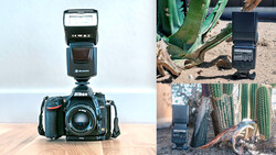 Nikon camera with external flash mounted on top, displayed on wooden surface with three field usage examples shown on right.