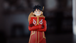 Illustration of an anime character with black hair wearing a red and gold coat with crossed arms.