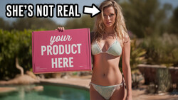 Woman in swimwear holding pink sign with placeholder text in outdoor poolside setting.