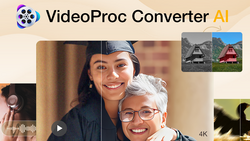 Screenshot of VideoProc Converter AI interface showing portrait photo editing with before/after comparison and 4K video examples.