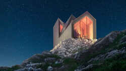 Modern angular structure with warm interior lighting positioned on rocky terrain beneath a starry night sky.