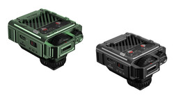 Two compact flash units displayed side by side: one in sage green and one in black, each with top-mounted reflectors and front-facing control panels.