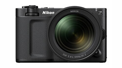 Nikon Z mirrorless camera with attached Nikkor zoom lens, shown from front against white background.