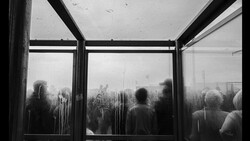 Silhouetted figures visible through rain-streaked windows with dark structural framing.