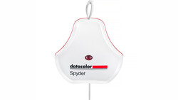 Product illustration of the Datacolor Spyder color calibration device with pear-shaped white body and hanging loop.