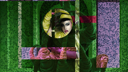 Artistic composite portrait with bold geometric stripes and vibrant green and purple color palette.