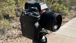 Sony mirrorless camera with prime lens mounted on tripod in outdoor setting.
