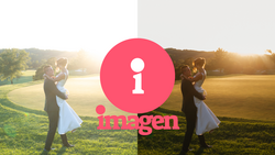 Bride and groom in formal wedding attire dancing outdoors during golden hour, with a red circular logo overlay.