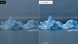 Icebergs in glacial water, comparing before and after Luminar Neo processing with enhanced light depth.