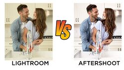 Side-by-side comparison of the same kitchen scene with different post-processing treatments labeled Lightroom and Aftershoot.