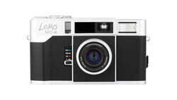 Lomo LC-A film camera with white top plate, black leatherette body, and Lomography lens against white background.