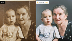 Side-by-side comparison of a vintage sepia portrait and its color-restored version showing an adult and child.