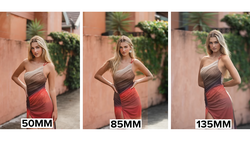 Three side-by-side portraits of the same woman taken with 50mm, 85mm, and 135mm lenses showing focal length comparison.