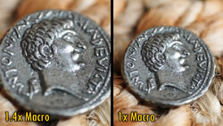 Ancient Roman coin shown at two magnification levels, 1x and 1.4x macro, displaying a profile portrait and inscribed text.