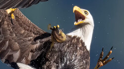 Bald eagle with open beak perched on rocky outcrop against blue sky, shot from below.