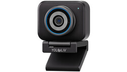 YOL@LIV webcam with compact black design and blue-ringed lens against white background.