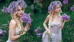 Woman with blonde braid and lilac flower crown posing among purple flowering plants in two poses.