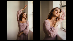 Woman in lavender long-sleeved dress posing by bright window in two compositional variations.