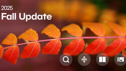Screenshot of a 2025 Fall Update interface showing a gradient row of autumn leaves transitioning from yellow-orange to deep red.