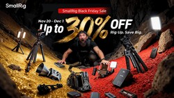 Promotional graphic for photography equipment sale featuring a person surrounded by lighting gear and camera equipment on colorful surfaces.