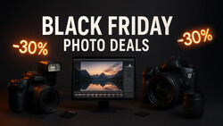 Photography equipment including cameras, lenses, and a monitor displaying landscape editing software with -30% discount overlays.