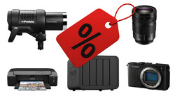 Photography equipment and accessories arranged around a red discount tag, including a studio light, camera lens, external hard drive, printer, and mirrorless camera body.