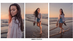 Woman in light blue shirt running through shallow ocean water at golden hour sunset.