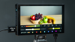Professional monitor displaying fruit in a basket with color grading interface and control panel visible.