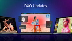 Screenshot showing DXO Updates interface with three laptop displays demonstrating image editing and color grading workflows.