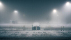 Car centered on snowy road beneath dramatic stadium lighting in heavy fog.