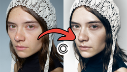 Before and after comparison of portrait retouching showing skin tone and eye enhancement adjustments.