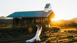 Bride in flowing white gown posing with groom at sunset in front of a modern barn structure with vineyards in the background.