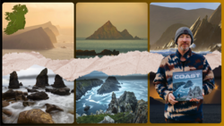 Collage of dramatic coastal landscapes featuring steep cliffs, sea stacks, and a person holding a photography book.