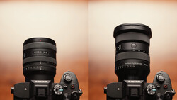Two mirrorless cameras with different zoom lenses mounted, displayed against a warm gradient background.
