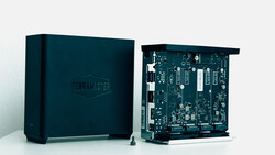 TerraMaster NAS device shown closed and with internal circuit board exposed.