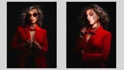 Two side-by-side portraits of a woman in a red blazer against a black background, demonstrating dramatic studio lighting techniques.