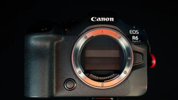 Canon EOS R6 Mark II mirrorless camera body with open sensor and orange lens mount ring visible.