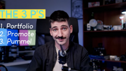 Man with mustache in home studio setting with text overlay listing "The 3 P's: Portfolio, Promote, Pummel."