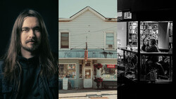 Portrait of a man with long dark hair alongside architectural and documentary photographs.