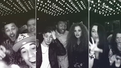 Three black and white selfie-style photos taken under grid ceiling lights showing groups of people at an indoor venue.