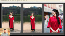 Woman in red dress standing by water, shown in multiple portrait variations with different framing and focus.