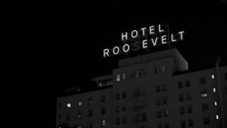 Hotel Roosevelt neon sign glowing on top of a dark multi-story building at night.