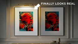 Two framed pop art portraits side by side, with the right frame labeled as the final version looking more realistic.