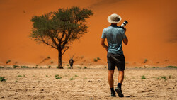 Runner jogging across desert landscape with acacia tree and orange sky.
