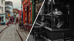 Split-screen comparison of a colorful European street scene and a black-and-white interior portrait.